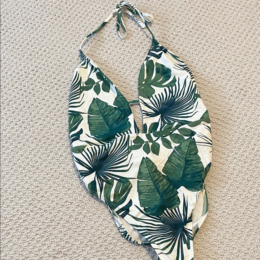 The Bikini Lab Tropical Green Leaf Print Halter One Piece Swimsuit Open Back S